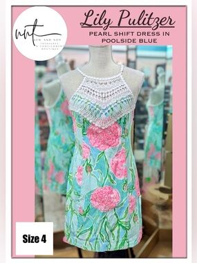 Lily Pulitzer Pearl Shift Poolside Blue Going Stag Cotton Dress Crochet Neck 4